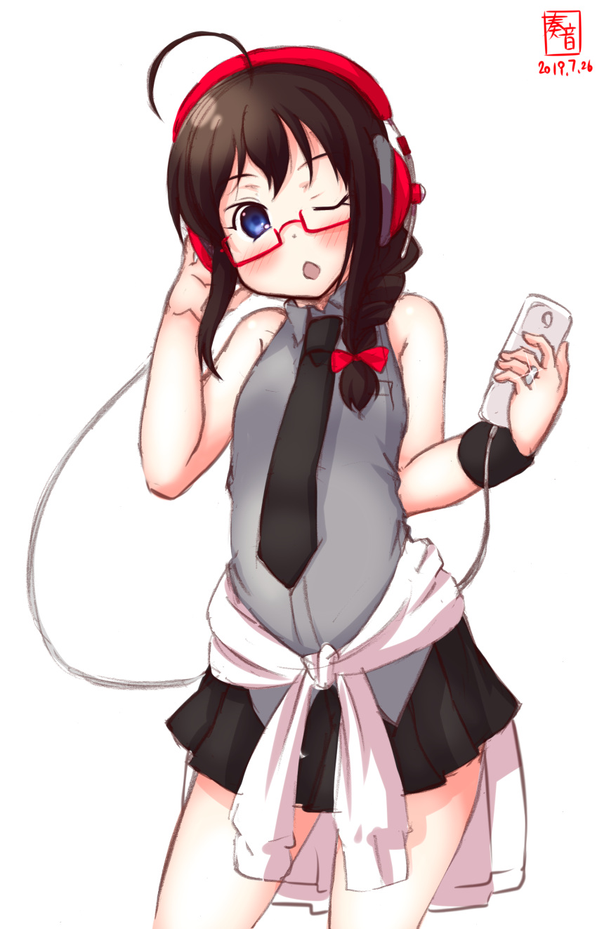 1girl absurdres ahoge alternate_costume artist_logo bespectacled black_hair black_neckwear black_skirt blue_eyes braid cellphone clothes_around_waist commentary_request dated glasses grey_shirt hair_over_shoulder headphones highres jacket jacket_around_waist jewelry kanon_(kurogane_knights) kantai_collection looking_at_viewer necktie one_eye_closed phone pleated_skirt red-framed_eyewear ring semi-rimless_eyewear shigure_(kantai_collection) shirt simple_background single_braid skirt sleeveless sleeveless_shirt solo under-rim_eyewear wedding_band white_background white_jacket
