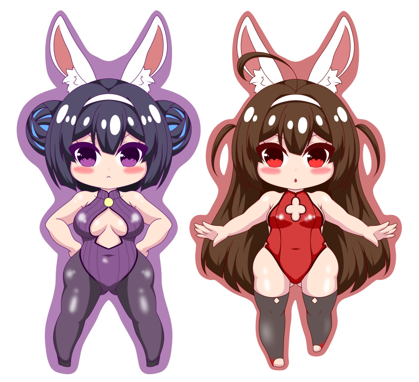 2girls :&lt; absurdres ahoge animal_ear_fluff animal_ears ass_visible_through_thighs azur_lane bare_arms bare_shoulders black_footwear black_hair black_legwear blush breasts brown_hair brown_outline bunny_girl bunnysuit closed_mouth covered_collarbone covered_navel double_bun hairband hands_on_hips highres kurukurumagical leotard long_hair medium_breasts multiple_girls ning_hai_(azur_lane) outline outstretched_arms pantyhose parted_lips ping_hai_(azur_lane) purple_background purple_leotard rabbit_ears red_eyes red_leotard shoes side_bun simple_background small_breasts thigh-highs two_side_up very_long_hair violet_eyes white_background white_hairband