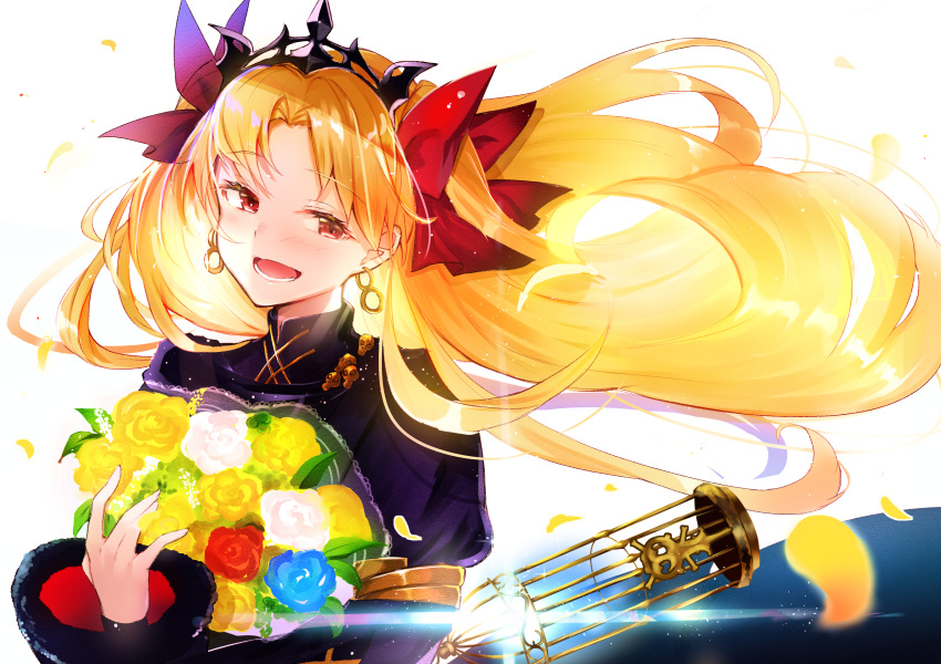 1girl absurdres blonde_hair bouquet bow cage earrings ereshkigal_(fate/grand_order) fate/grand_order fate_(series) felnemo flower hair_bow highres jewelry long_hair petals red_eyes smile tiara twintails white_background