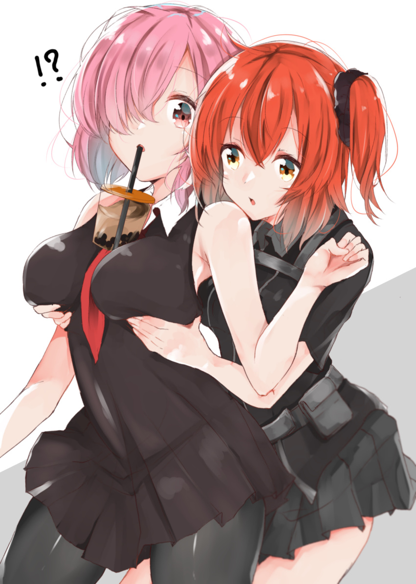 !? 2girls bare_shoulders black_scrunchie black_skirt breast_grab breasts bubble_tea_challenge commentary_request dress drinking_straw eyebrows_visible_through_hair fate/grand_order fate/stay_night fate_(series) fujimaru_ritsuka_(female) grabbing hair_between_eyes hair_ornament hair_over_one_eye hair_scrunchie harusame_(moyuna412) highres large_breasts looking_at_viewer mash_kyrielight medium_breasts meme multiple_girls necktie one_side_up open_mouth orange_eyes orange_hair red_neckwear scrunchie shielder_(fate/grand_order) short_hair skirt type-moon violet_eyes
