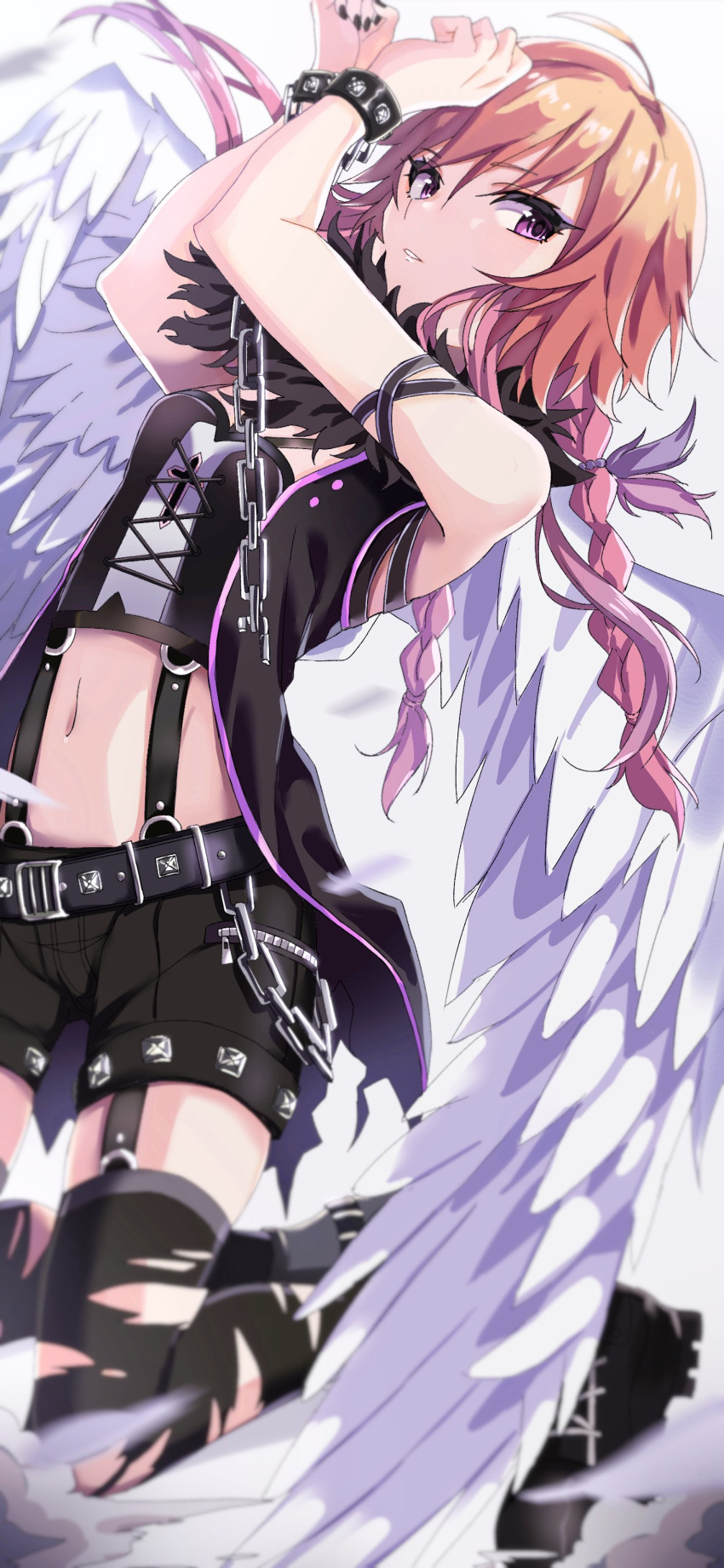 1girl absurdres angel_wings bare_shoulders boots braid chain cross highres idolmaster idolmaster_cinderella_girls long_hair mek_number midriff multicolored_hair nail_polish ninomiya_asuka orange_hair pink_eyes pink_hair shorts sleeveless thigh-highs torn_clothes torn_legwear wings zettai_ryouiki