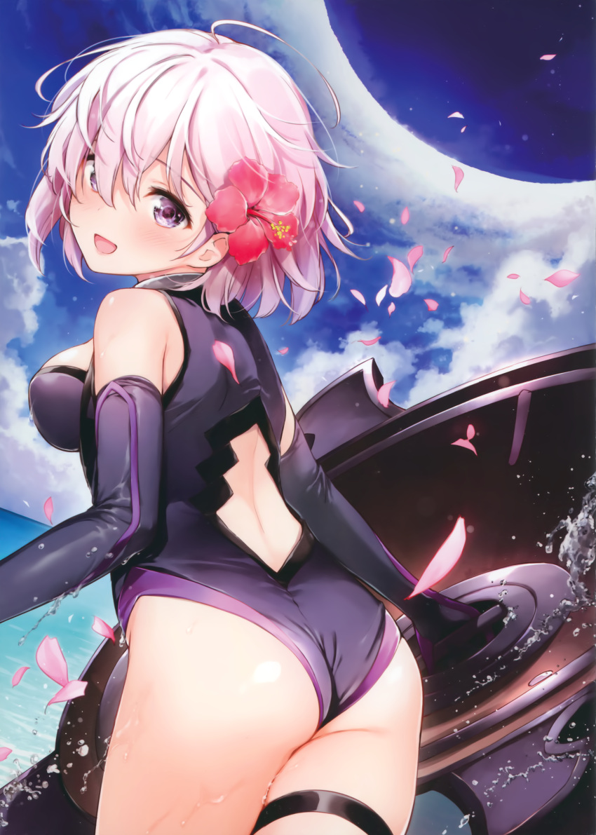 1girl :d absurdres ahoge armor ass back back_cutout bangs bare_shoulders black_gloves black_leotard blue_sky blush breasts clouds cowboy_shot day dutch_angle elbow_gloves fallstreak_hole fate/grand_order fate_(series) flower from_side gloves gorget hair_between_eyes hair_flower hair_ornament halterneck happy head_tilt hibiscus highres holding holding_shield leaning_forward leotard looking_at_viewer looking_back looking_to_the_side mash_kyrielight medium_breasts ocean open_mouth outdoors parted_bangs petals red_flower revision shield short_hair sideboob sky smile solo splashing standing tareme thigh_strap thighs umakuchi_shouyu violet_eyes water water_drop wet white_hair