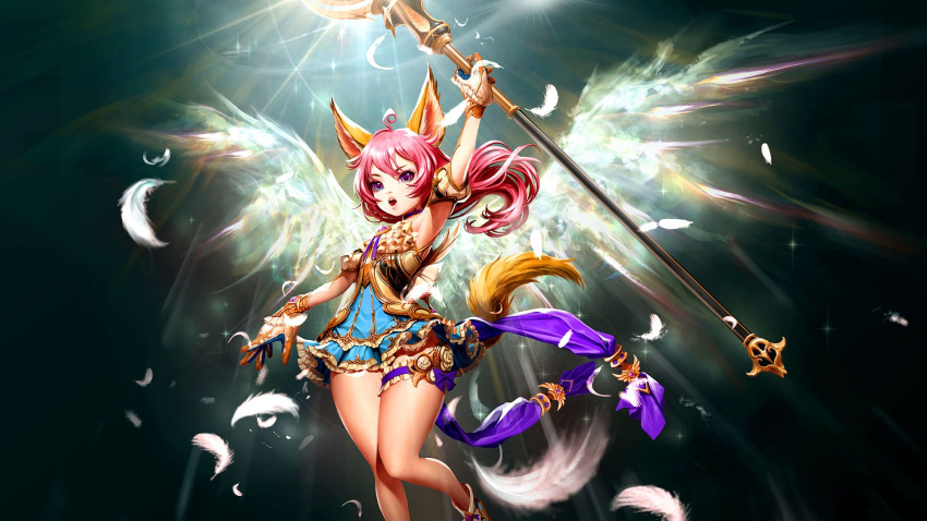 1girl animal_ears arm_up armpits artist_request blue_dress darkness detached_sleeves dog_ears dog_tail dress elin_(tera) energy_wings feathers garters gloves highres holding legs light long_hair magic official_art open_mouth pink_hair short_dress solo staff tail tera_online thighs violet_eyes wallpaper weapon white_gloves wings