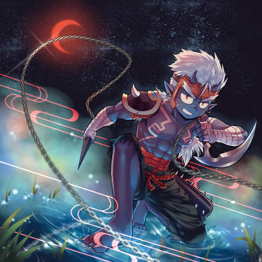 1boy abs barefoot blue_skin chain earrings fang feet forked_eyebrows grin highres horns jewelry looking_at_viewer male_focus moon muscle oni orange_eyes original pauldrons sky smile star_(sky) starry_sky thick_eyebrows water weapon white_hair zxanzai