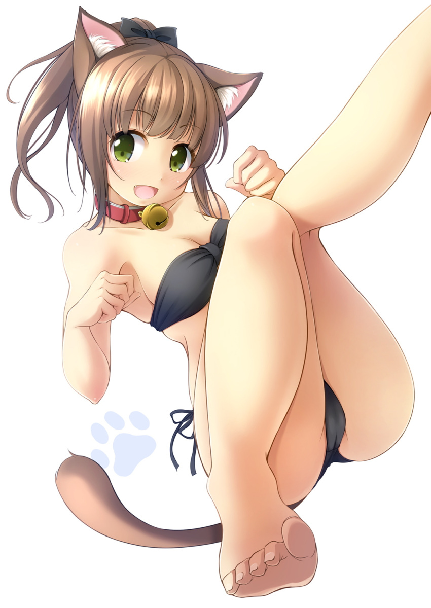 1girl animal_ears barefoot bell bikini black_bikini breasts brown_hair cat_ears cat_tail collar green_eyes highres jingle_bell looking_at_viewer lying medium_breasts open_mouth original paw_pose paw_print ponytail shibacha simple_background smile solo strapless strapless_bikini swimsuit tail white_background