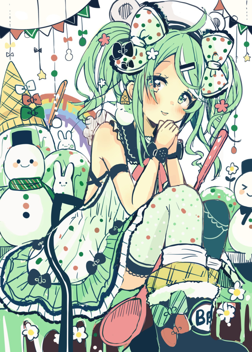 1girl :p animal_ears bare_shoulders bear_ears bear_hat beret black_bow black_footwear black_legwear blush bow brown_eyes closed_mouth commentary_request dress fake_animal_ears flower food fur-trimmed_boots fur_trim green_hair hair_bow hands_together hands_up hat heterochromia highres ice_cream ice_cream_cone long_hair mismatched_legwear multicolored multicolored_polka_dots original own_hands_together pennant polka_dot polka_dot_bow sakura_oriko simple_background sitting sleeveless sleeveless_dress smile snowman solo star string_of_flags thigh-highs tongue tongue_out twintails white_background white_bow white_dress white_flower white_headwear white_legwear