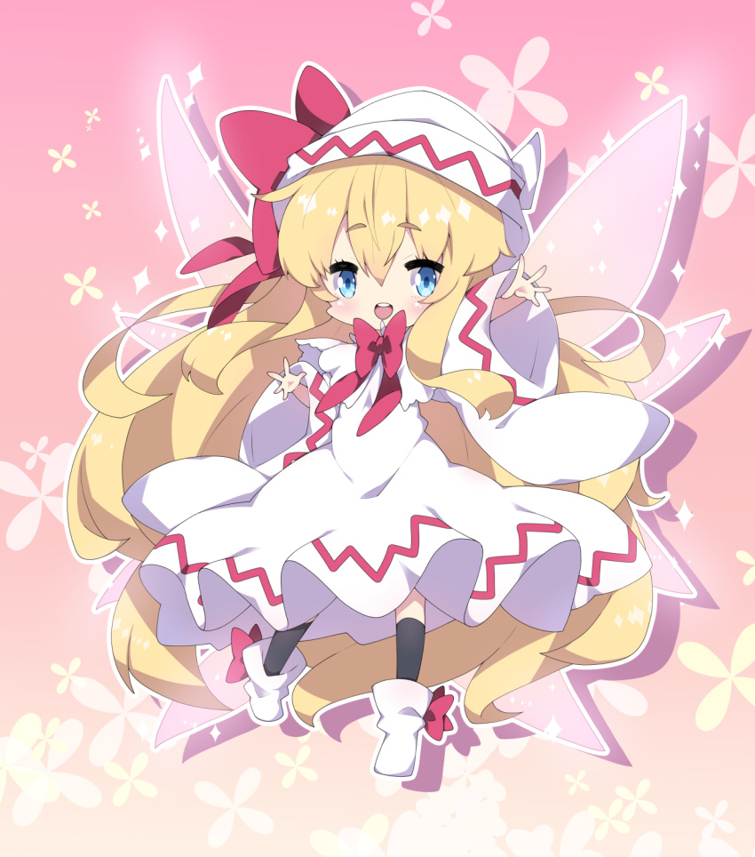 1girl :d bangs black_legwear blonde_hair blue_eyes blush boots bow chibi commentary_request dress eyebrows_visible_through_hair fairy_wings floral_background full_body hair_between_eyes hat hat_bow highres kneehighs lily_white long_hair long_sleeves milkpanda open_mouth outstretched_arm pink_wings red_bow round_teeth smile solo teeth thick_eyebrows touhou upper_teeth very_long_hair white_dress white_footwear white_headwear wide_sleeves wings