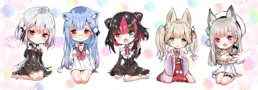 5girls :d animal animal_ear_fluff animal_ears bangs bare_shoulders barefoot beret black_bow black_dress black_hair black_sleeves blue_hair blue_sailor_collar blush bow braid closed_mouth copyright_request detached_sleeves dog dress eyebrows_visible_through_hair fang fingers_together floral_background fox_ears glasses green_eyes hair_between_eyes hair_bow hakama hand_up hat heterochromia holding holding_animal index_finger_raised japanese_clothes kamiki_hasami kimono kinu_channel light_brown_hair long_hair long_sleeves miko multicolored_hair multiple_girls open_mouth pink_hair red-framed_eyewear red_bow red_eyes red_hakama sailor_collar sailor_dress sawa_(sawasaku) seiza side_braid silver_hair single_braid sitting smile two-tone_hair very_long_hair violet_eyes virtual_youtuber white_dress white_headwear white_kimono wide_sleeves