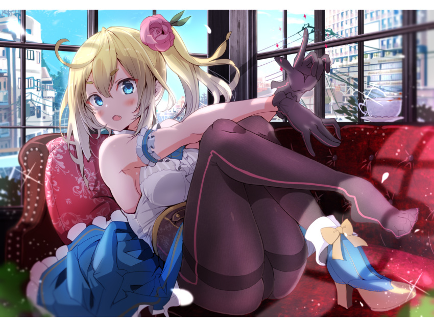 1girl :o arm_garter armpits ass bare_arms bare_shoulders black_gloves blonde_hair blue_eyes blue_footwear blue_skirt blush breasts brown_legwear commentary_request couch cup day fang flower frilled_shirt frills fuku_kitsune_(fuku_fox) glint gloves hair_flower hair_ornament high_heels indoors large_breasts legs_up long_hair looking_at_viewer on_couch open_mouth original pantyhose pillow pink_flower reclining rose saucer shirt side_ponytail sidelocks skirt sleeveless sleeveless_shirt solo teacup thighband_pantyhose underbust white_shirt window