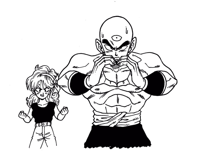 1boy 1girl bald belt clenched_hands commentary_request dragon_ball dragon_ball_(classic) frown hairband heart heart_hands highres lee_(dragon_garou) lunch_(dragon_ball) monochrome muscle serious shirtless smile sweat tenshinhan third_eye wristband