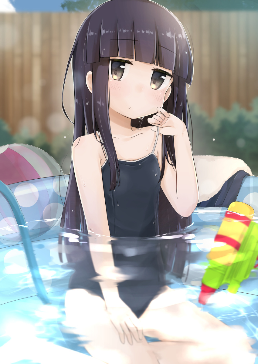 1girl absurdres aoshima_sakana bangs bare_shoulders black_hair blue_swimsuit blunt_bangs blush brown_eyes closed_mouth clothes_removed collarbone commentary_request day eyebrows_visible_through_hair hair_between_eyes hatsuyuki_(kantai_collection) highres kantai_collection long_hair looking_at_viewer one-piece_swimsuit outdoors partially_submerged pool school_swimsuit sitting solo swimsuit swimsuit_pull thighs water water_drop water_gun wet