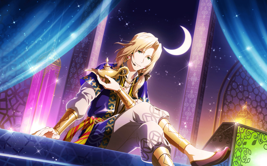 1boy arabian_clothes bead_necklace beads blonde_hair crossed_legs curtains earrings fingernails green_eyes highres holding_lamp idolmaster idolmaster_side-m idolmaster_side-m_live_on_stage! jewelry lamp long_hair looking_at_viewer male_focus moon necklace official_art shoes smile solo star_(sky) tsuzuki_kei