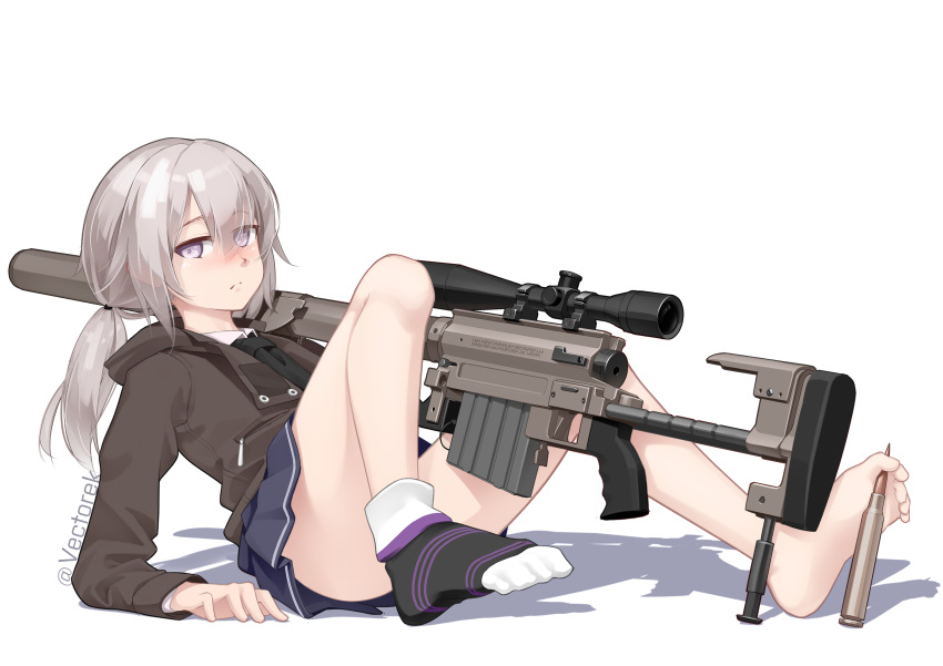 1girl absurdres barefoot between_toes bolt_action cheytac_m200 commentary feet girls_frontline grey_eyes gun highres jacket legs looking_at_viewer m200_(girls_frontline) ponytail rifle silver_hair simple_background single_sock skirt sniper_rifle socks soles solo thighs toes twitter_username vectorek weapon white_background
