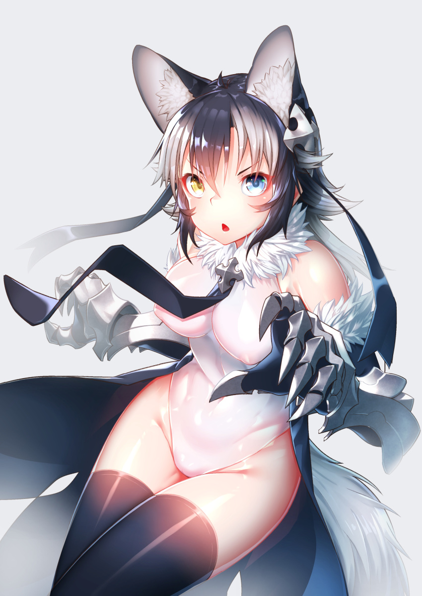 1girl absurdres animal_ears bare_shoulders black_hair blue_eyes breasts covered_nipples extra_ears eyebrows_visible_through_hair fur_collar grey_wolf_(kemono_friends) heterochromia highleg highleg_leotard highres kemono_friends large_breasts leotard looking_at_viewer multicolored multicolored_eyes multicolored_hair necktie open_mouth solo st.takuma tail turtleneck two-tone_hair white_hair white_leotard wolf_ears wolf_girl wolf_tail yellow_eyes