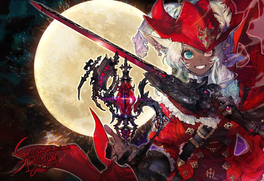 1girl animal_ears cat_ears dark_skin earrings facial_mark final_fantasy final_fantasy_xiv frills full_moon gloves hat heterochromia highres holding holding_sword holding_weapon jewelry long_hair looking_at_viewer miqo'te moon pigeon666 red_mage ring slit_pupils smile sword teeth upper_body weapon whisker_markings white_hair