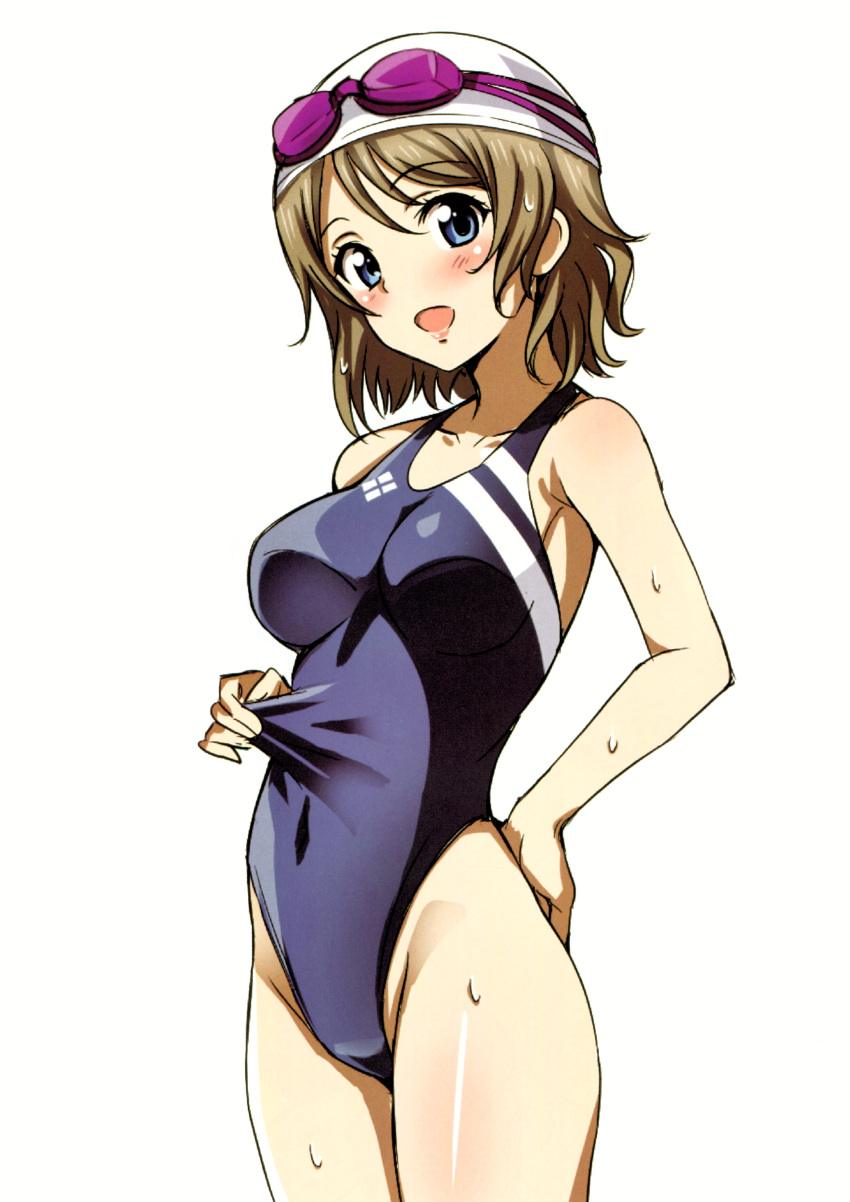 1girl absurdres blue_eyes blue_swimsuit blush breasts competition_swimsuit covered_navel cowboy_shot goggles goggles_on_head hand_on_hip highres light_brown_hair looking_at_viewer love_live! love_live!_sunshine!! medium_breasts one-piece_swimsuit rozen5 scan simple_background smile solo swim_cap swimsuit swimsuit_tug watanabe_you wet white_background