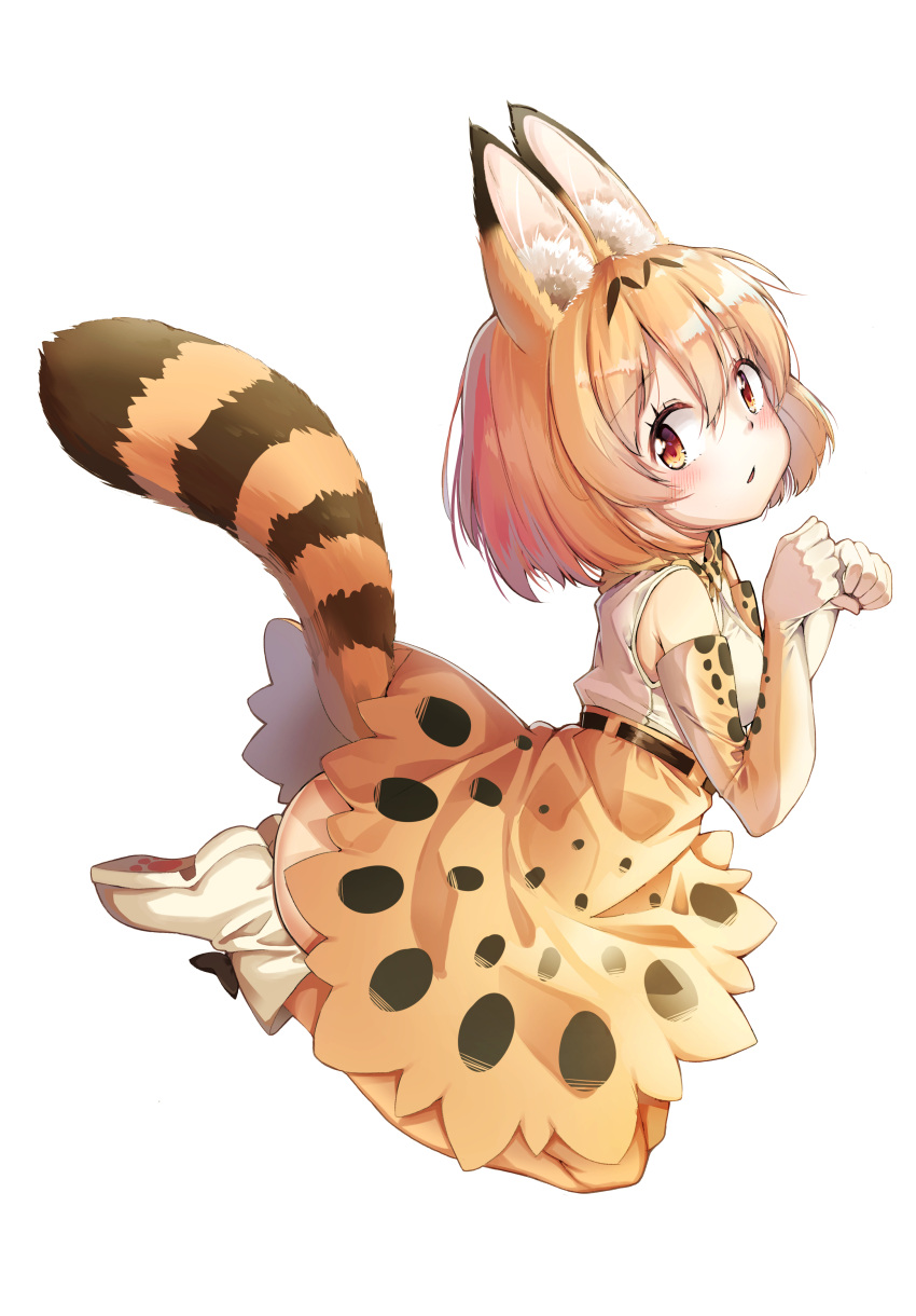 1girl absurdres animal_ears animal_ears_(artist) ass bare_shoulders blonde_hair blush boot_bow boots elbow_gloves eyebrows_visible_through_hair gloves highres kemono_friends multicolored_hair serval_(kemono_friends) serval_ears serval_print serval_tail short_hair skirt sleeveless solo tail thigh-highs