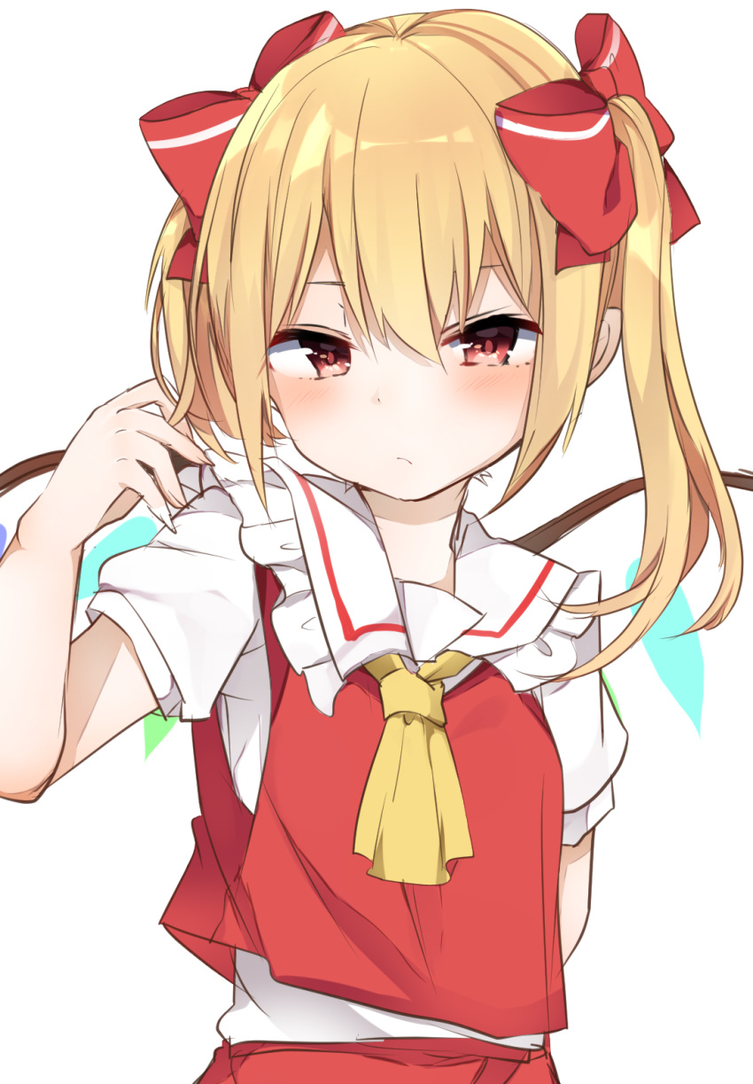 1girl alternate_hairstyle ascot bangs blonde_hair blush bow commentary_request crystal flandre_scarlet frilled_shirt_collar frills hair_between_eyes hair_bow hand_up highres karasusou_nano long_hair looking_at_viewer no_hat no_headwear puffy_short_sleeves puffy_sleeves red_bow red_eyes red_vest shirt short_sleeves sidelocks simple_background solo touhou twintails upper_body vest white_background white_shirt wings yellow_neckwear