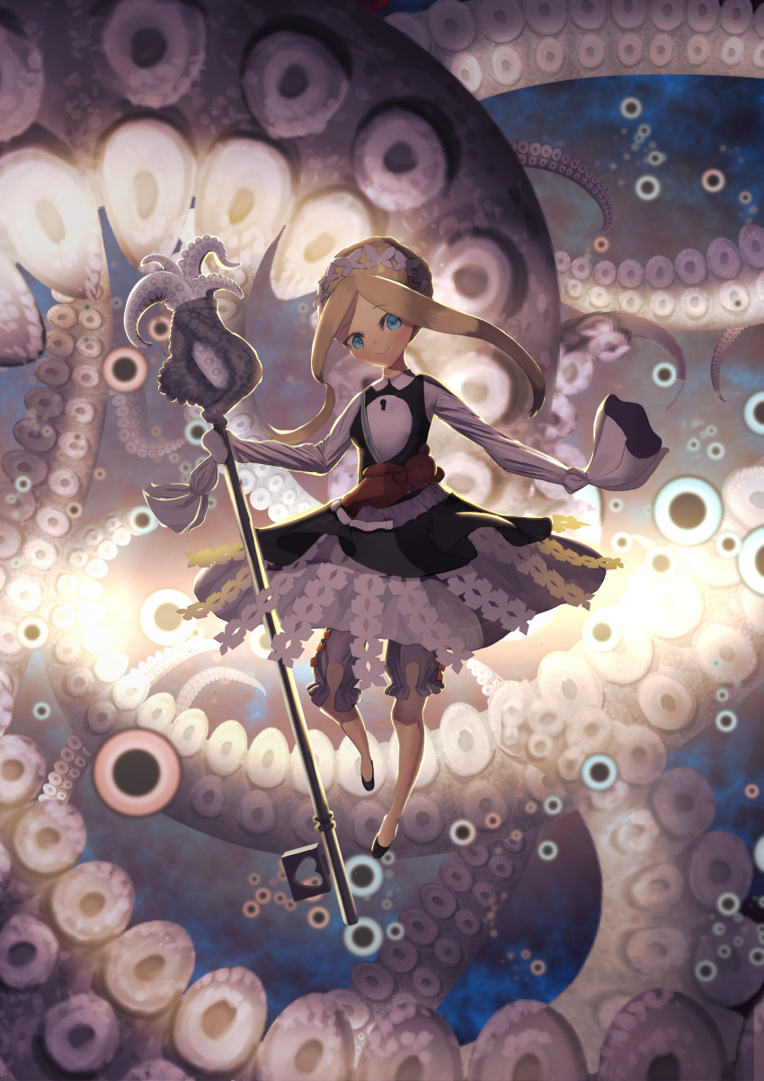 1girl abigail_williams_(fate/grand_order) absurdres bangs black_skirt blonde_hair bloomers blue_eyes bow butterfly_hair_ornament fate/grand_order fate_(series) gi_gi_gi hair_ornament heroic_spirit_chaldea_park_outfit highres holding huge_filesize key long_sleeves looking_at_viewer maid maid_dress maid_headdress mary_janes orange_bow parted_bangs shoes skirt sleeves_past_fingers sleeves_past_wrists stuffed_animal stuffed_toy teddy_bear tentacles tied_hair underwear