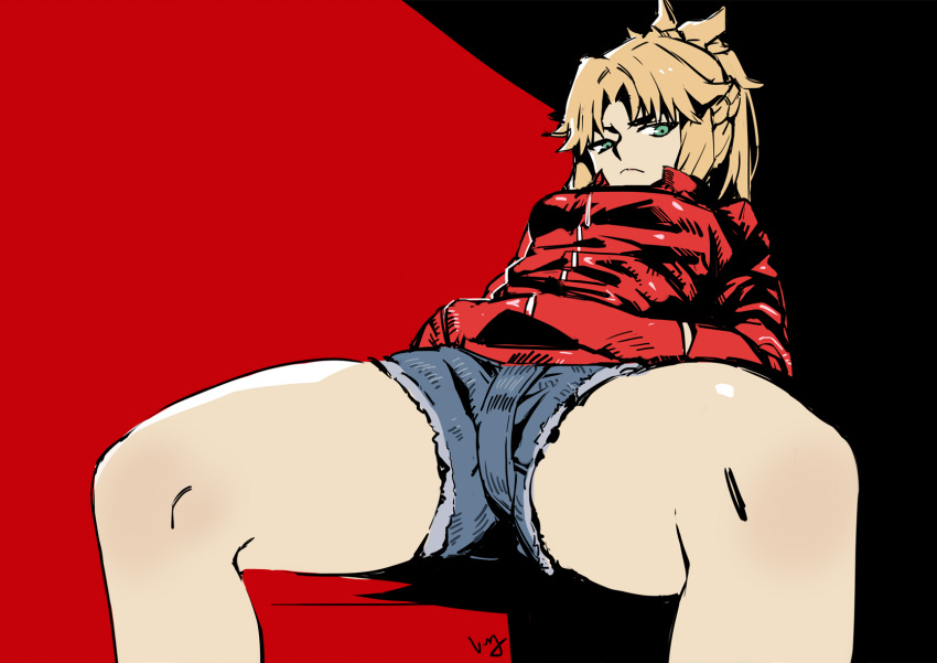 1girl blonde_hair braid cutoffs denim denim_shorts fate/grand_order fate_(series) french_braid frown graphite_(medium) green_eyes hands_in_pockets highres jacket looking_at_viewer mordred_(fate) mordred_(fate)_(all) nanaya_(daaijianglin) red_background scowl shorts solo spread_legs thighs traditional_media