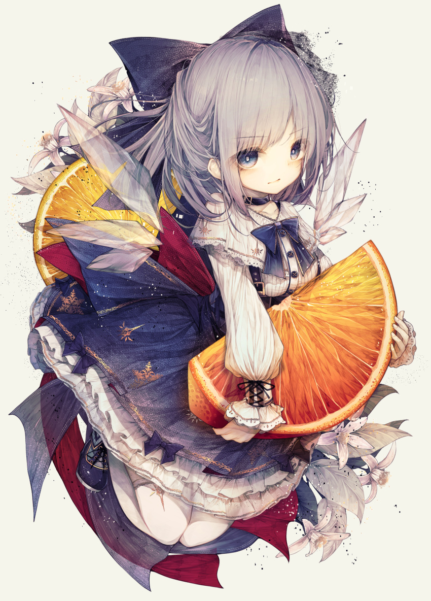 1girl absurdres bangs blue_bow blue_eyes blue_hair blush bow cirno closed_mouth commentary_request eyebrows_visible_through_hair food fruit full_body hair_bow highres hito_komoru holding holding_food holding_fruit ice ice_wings long_sleeves looking_at_viewer mandarin_orange orange oversized_object shoes short_hair solo thigh-highs touhou white_legwear wings