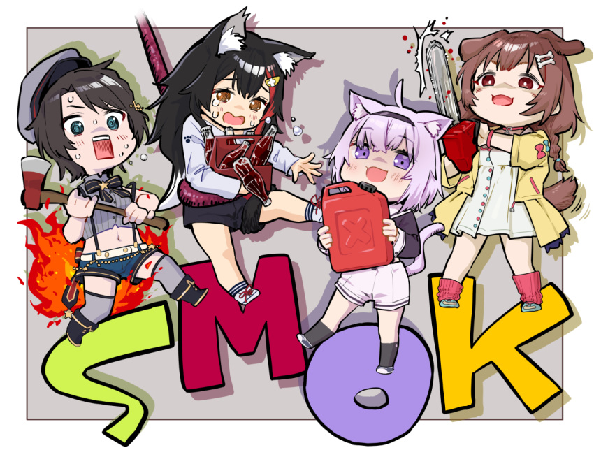 4girls :d ahoge animal_ear_fluff animal_ears axe beret black_hair blue_eyes bone_hair_ornament brown_eyes brown_hair cat_ears cat_tail chainsaw chibi commentary_request dog_ears dog_tail dress fire fire_axe full_body gas_can grey_legwear hairband hat hololive inugami_korone left_4_dead_2 leg_warmers long_hair long_sleeves midriff multicolored_hair multiple_girls navel nekomata_okayu ookami_mio oozora_subaru open_mouth purple_hair redhead shirt short_hair shorts sleeveless sleeveless_shirt smile smoker_(left_4_dead) soda_bottle square_mouth standing streaked_hair suspenders tail takuji_yuusaku tentacles thigh-highs violet_eyes virtual_youtuber white_dress wolf_ears