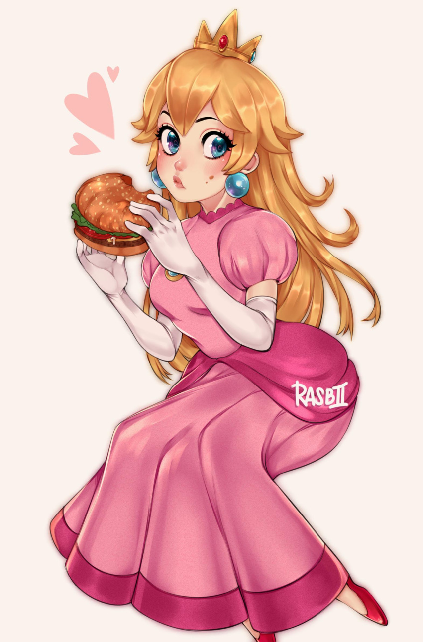 1girl blonde_hair blue_earrings blue_eyes breasts crown dress earrings elbow_gloves food gloves hamburger heart highres holding holding_food jewelry long_dress long_hair medium_breasts pink_dress princess_peach puffy_short_sleeves puffy_sleeves rasberruu red_footwear shoes short_sleeves signature simple_background sitting solo super_mario_bros. white_background white_gloves