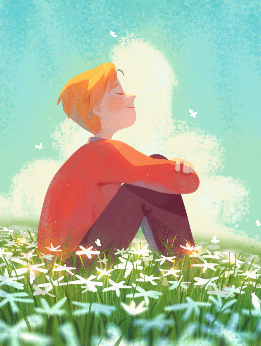 1boy ^_^ absurdres alphonse_elric black_pants blonde_hair blue_sky blurry blush blush_stickers closed_eyes clouds cloudy_sky commentary crossed_arms daisy day depth_of_field english_commentary field flower flower_field full_body fullmetal_alchemist grass happy highres idledee knees_up long_sleeves male_focus nature outdoors pants profile red_shirt shirt sitting sky smile white_flower