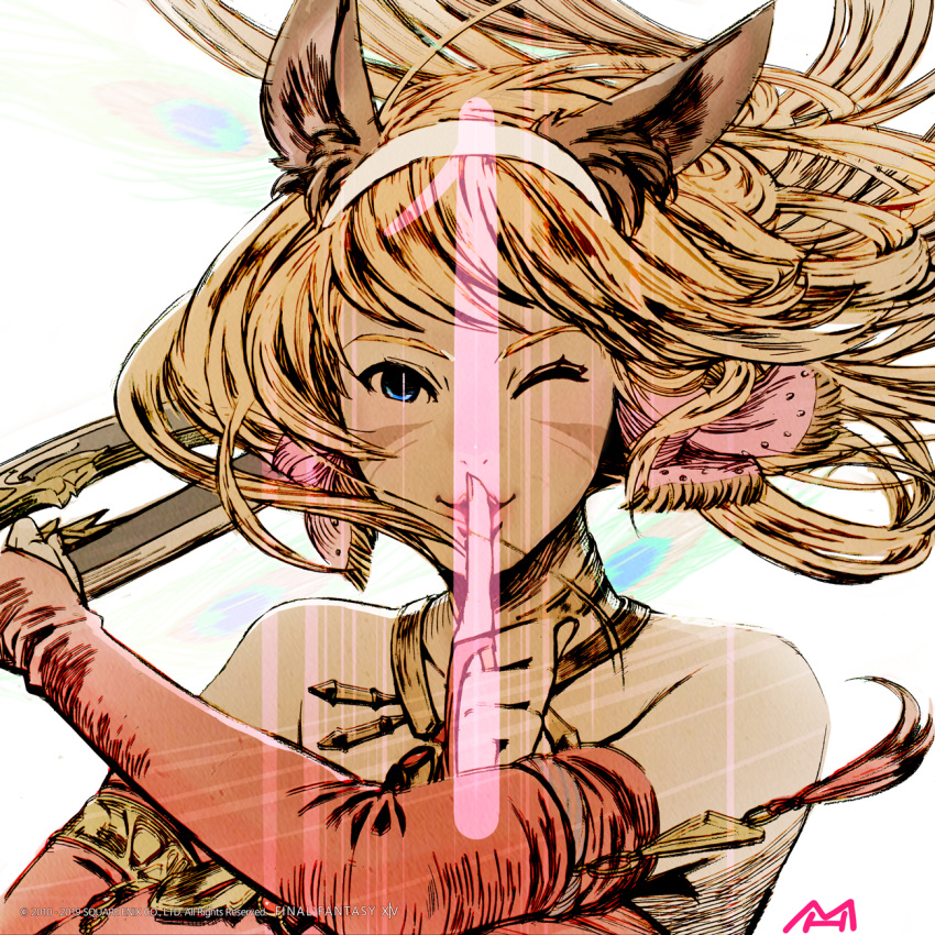 animal_ears blonde_hair blue_eyes cat_ears chakram dancer_(final_fantasy) elbow_gloves facial_mark final_fantasy final_fantasy_xiv finger_to_mouth gloves hairband highres jewelry miqo'te necklace number official_art one_eye_closed smile weapon