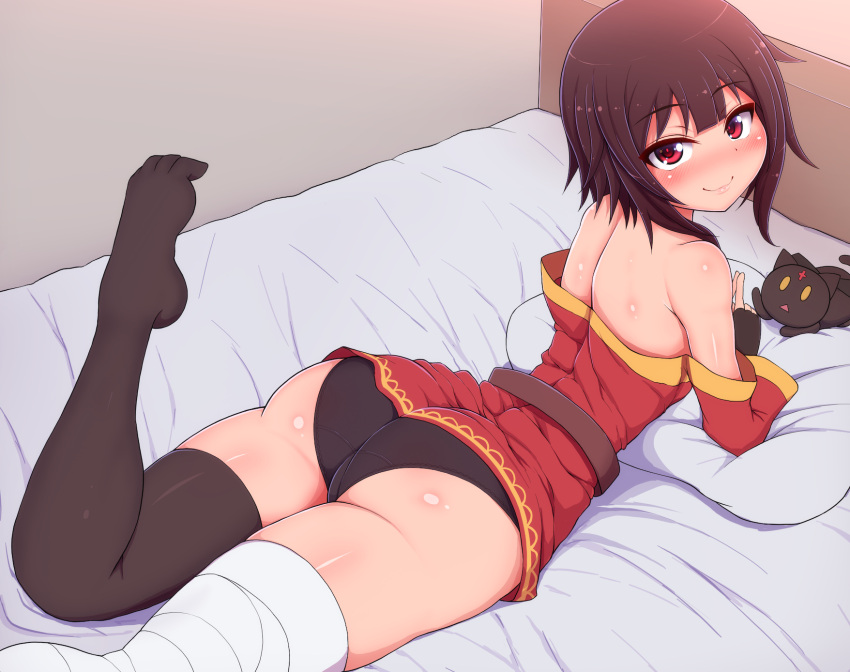 ass bandaged_leg bandages bare_shoulders bed bedroom black_panties brown_hair cat chomusuke dress feet fingerless_gloves gloves half-closed_eyes highres kono_subarashii_sekai_ni_shukufuku_wo! long_sleeves looking_at_viewer lying megumin off_shoulder on_bed on_stomach panties ponpo red_dress red_eyes short_dress short_hair single_thighhigh smile thigh-highs underwear