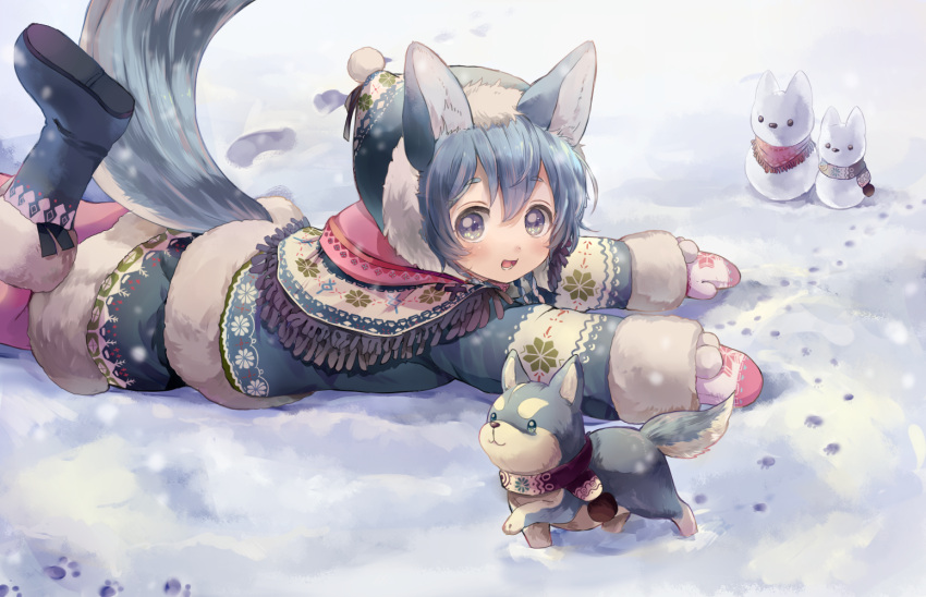 1girl animal animal_ears blue_hair boots coat commentary_request dog footprints fur-trimmed_boots fur-trimmed_coat fur-trimmed_skirt fur-trimmed_sleeves fur_trim hat koyomi_(shironeko_project) lying mittens on_stomach poncho rukako scarf shironeko_project snow snowman tail tarou_(shironeko_project) winter_clothes winter_coat wolf_ears wolf_tail woollen_cap