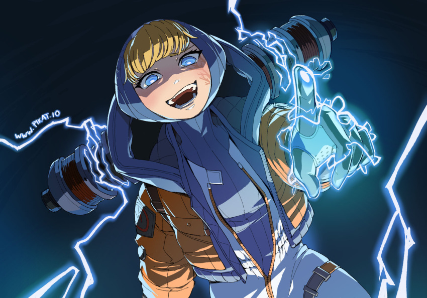 1girl :d apex_legends arm_at_side artist_name backpack bag bangs biribiri blonde_hair blue_eyes blunt_bangs bodysuit breasts brown_jacket bungaw commentary cropped_jacket drawstring dutch_angle electricity foreshortening hand_up highres jacket lichtenberg_figure long_sleeves looking_at_viewer open_clothes open_jacket open_mouth pointing pointing_at_viewer short_hair smile solo teeth thigh_strap unzipped watermark wattson_(apex_legends) web_address zipper
