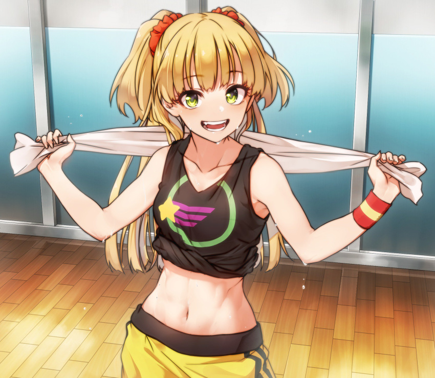 1girl bare_arms black_shirt blonde_hair blush breasts collarbone green_eyes hair_between_eyes hair_ornament hair_scrunchie highres idolmaster idolmaster_cinderella_girls indoors jougasaki_rika kakaobataa long_hair looking_at_viewer navel open_mouth orange_scrunchie scrunchie shirt smile solo sportswear sweat towel two_side_up white_towel wooden_floor