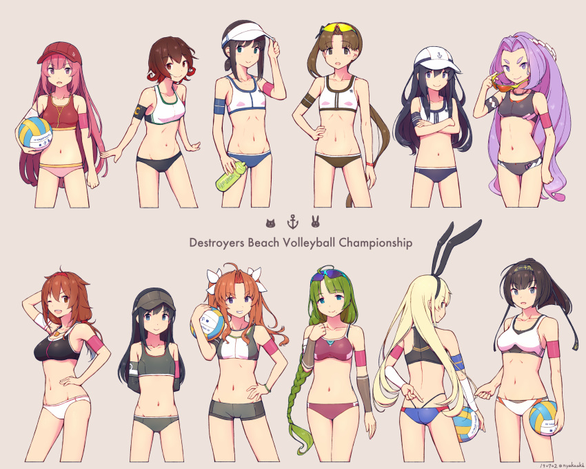 6+girls adapted_costume ahoge akatsuki_(kantai_collection) akizuki_(kantai_collection) anchor anchor_symbol asashio_(kantai_collection) ass ayanami_(kantai_collection) ball bangs beach_volleyball black_panties blush braid breasts clothes_writing crossed_arms dated eyebrows_visible_through_hair eyewear_on_head flat_chest fubuki_(kantai_collection) grin hachimaki hat hatsuharu_(kantai_collection) headband highleg highleg_panties highres hip_bones holding jewelry kagerou_(kantai_collection) kamikaze_(kantai_collection) kantai_collection long_hair multiple_girls mutsuki_(kantai_collection) nakaaki_masashi navel one_eye_closed panties ponytail remodel_(kantai_collection) shimakaze_(kantai_collection) shiratsuyu_(kantai_collection) short_hair sidelocks simple_background smile sports_bikini sportswear sunglasses trait_connection twintails twitter_username underwear visor_cap volleyball yuugumo_(kantai_collection)