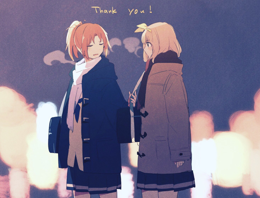 2girls bag black_scarf blonde_hair bow breath brown_hair cetacea_kw closed_eyes coat cowboy_shot english_text facing_another hair_bow hibike!_euphonium long_hair looking_at_another multiple_girls nakagawa_natsuki open_clothes open_coat open_mouth pleated_skirt pocket ponytail scarf shoulder_bag skirt sleeves_past_wrists smile thank_you white_scarf yellow_bow yoshikawa_yuuko