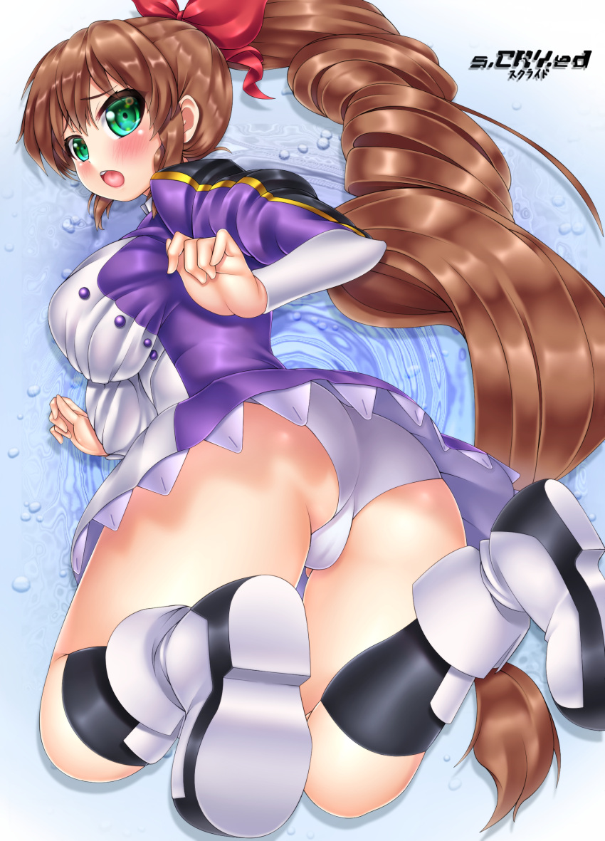 1girl absurdres ass blush boots bow breasts brown_hair derivative_work drill_hair from_behind green_eyes highres large_breasts long_hair looking_at_viewer looking_back midair older oooqqq panties ponytail red_bow scryed shiny shiny_hair shiny_skin solo thighs underwear uniform white_panties yuuta_kanami