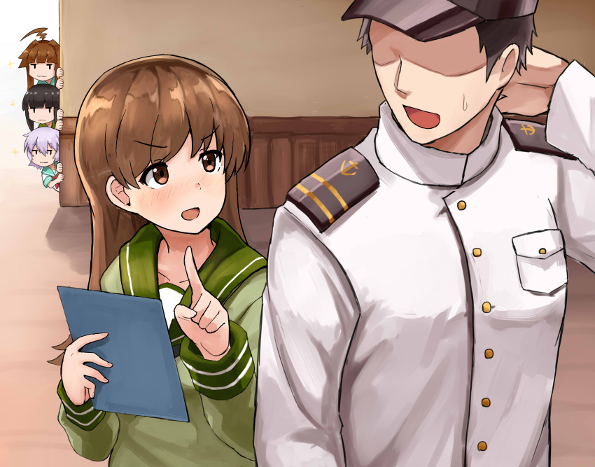 1boy 4girls :d absurdres admiral_(kantai_collection) ahoge arm_up bangs black_hair blunt_bangs blush brown_eyes brown_hair buttons clipboard eyebrows eyebrows_visible_through_hair green_shirt highres holding index_finger_raised indoors jitome kantai_collection kitakami_(kantai_collection) kuma_(kantai_collection) long_hair long_sleeves military military_uniform multiple_girls naval_uniform no_eyes nose_blush okitsugu ooi_(kantai_collection) open_mouth peeking pink_hair pocket school_uniform scratching_head serafuku shirt smile sparkle sweat tama_(kantai_collection) uniform upper_body v-shaped_eyebrows wall