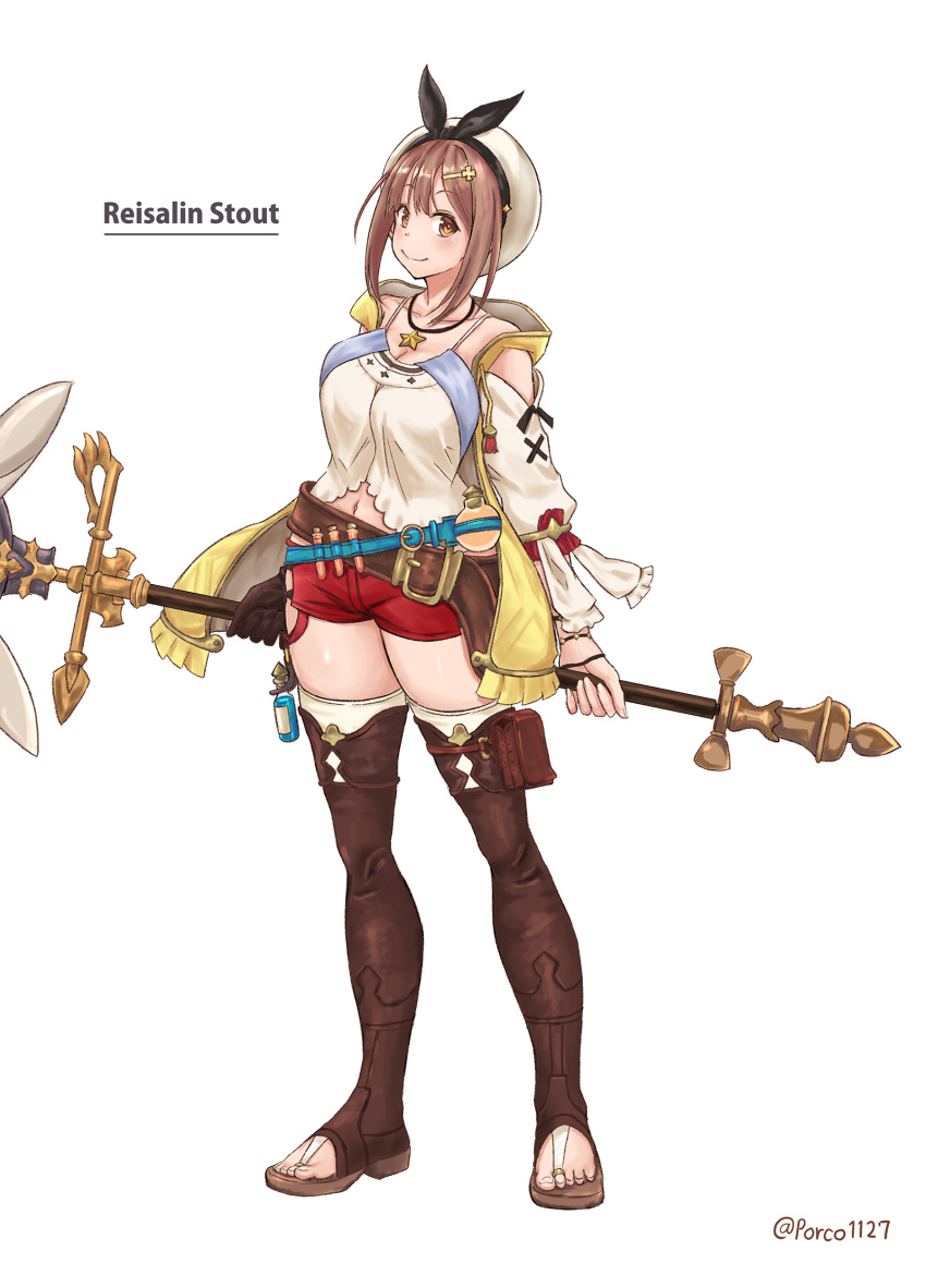 1girl atelier_(series) atelier_ryza bangs bare_shoulders belt beret boots breasts brown_eyes brown_gloves brown_hair character_name closed_mouth commentary_request eyebrows_visible_through_hair full_body gloves hair_ornament hairclip hat highres jewelry large_breasts looking_at_viewer midriff midriff_peek navel necklace porco1127 red_shorts reisalin_stout shiny shiny_hair shiny_skin shorts sidelocks simple_background single_glove sitting smile solo staff star star_necklace test_tube thigh-highs thigh_boots thighs toeless_boots twitter_username white_background white_legwear