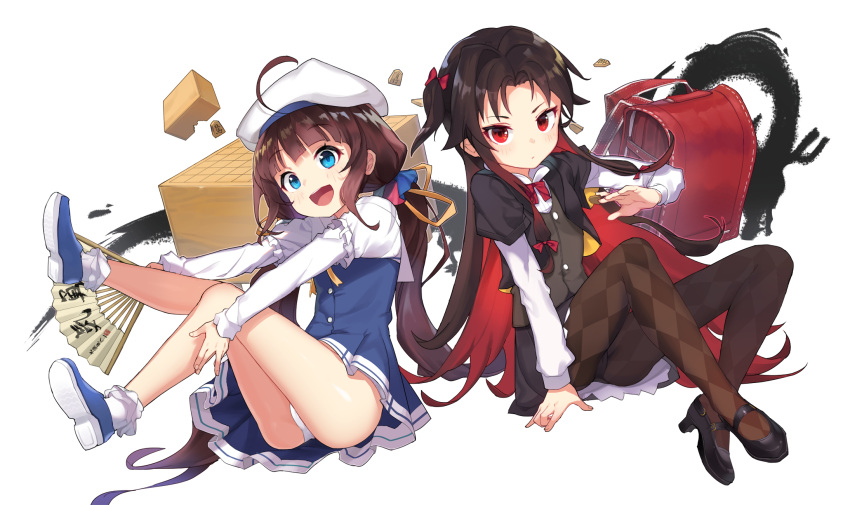2girls ahoge argyle argyle_legwear arm_support artist_name backpack bag beret black_jacket black_skirt blue_dress blue_footwear board_game bobby_socks bow brown_hair brown_legwear brown_vest commentary_request copyright_name dragon dress eastern_dragon fan folding_fan hair_bow hat highres hinatsuru_ai holding holding_fan jacket jehyun long_hair long_sleeves low_twintails multiple_girls one_side_up panties pantyhose pleated_skirt puffy_short_sleeves puffy_sleeves randoseru red_bow revision ryuuou_no_oshigoto! school_uniform shirt shoes short_over_long_sleeves short_sleeves shougi sitting skirt socks twintails underwear very_long_hair vest white_background white_headwear white_legwear white_panties white_shirt yashajin_ai