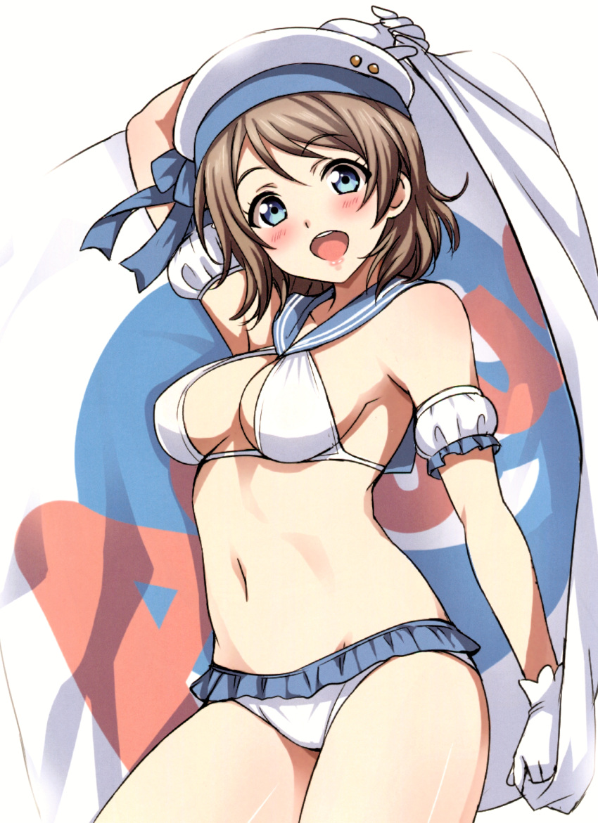 1girl absurdres bikini blue_eyes blush breasts cowboy_shot flag frilled_bikini frills gloves hat highres holding light_brown_hair looking_at_viewer love_live! love_live!_sunshine!! medium_breasts navel open_mouth rozen5 sailor_bikini sailor_collar sailor_hat scan short_hair simple_background smile solo standing swimsuit teeth watanabe_you white_background white_gloves