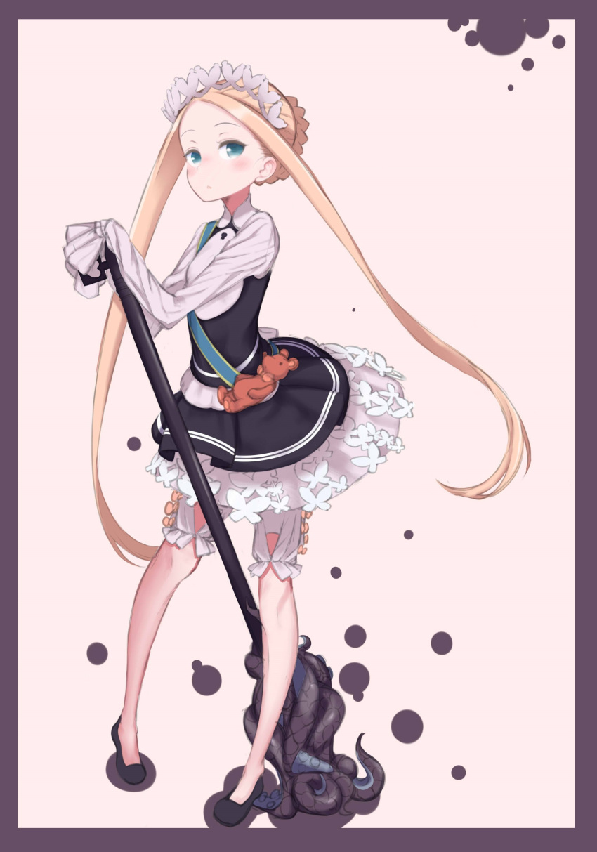 abigail_williams_(fate/grand_order) absurdres bangs blonde_hair blue_eyes butterfly_hair_ornament fate/grand_order fate_(series) hair_ornament heroic_spirit_chaldea_park_outfit highres holding key long_hair looking_at_viewer maid maid_dress maid_headdress mary_janes parted_bangs shoes sleeves_past_fingers sleeves_past_wrists stuffed_animal stuffed_toy teddy_bear umi_(umi_no_kusomusi)