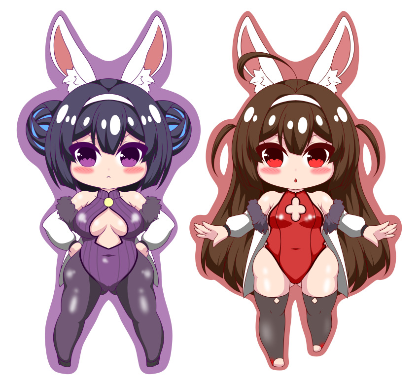2girls :&lt; absurdres ahoge animal_ear_fluff animal_ears ass_visible_through_thighs azur_lane bare_shoulders black_footwear black_hair black_legwear blush breasts brown_hair brown_outline bunny_girl bunnysuit closed_mouth commentary_request covered_collarbone covered_navel double_bun fur-trimmed_jacket fur_trim hairband hands_on_hips highres jacket kurukurumagical leotard long_hair long_sleeves medium_breasts multiple_girls ning_hai_(azur_lane) off_shoulder open_clothes open_jacket outline outstretched_arms pantyhose parted_lips ping_hai_(azur_lane) puffy_long_sleeves puffy_sleeves purple_background purple_leotard rabbit_ears red_eyes red_leotard shoes side_bun simple_background small_breasts thigh-highs two_side_up very_long_hair violet_eyes white_background white_hairband white_jacket