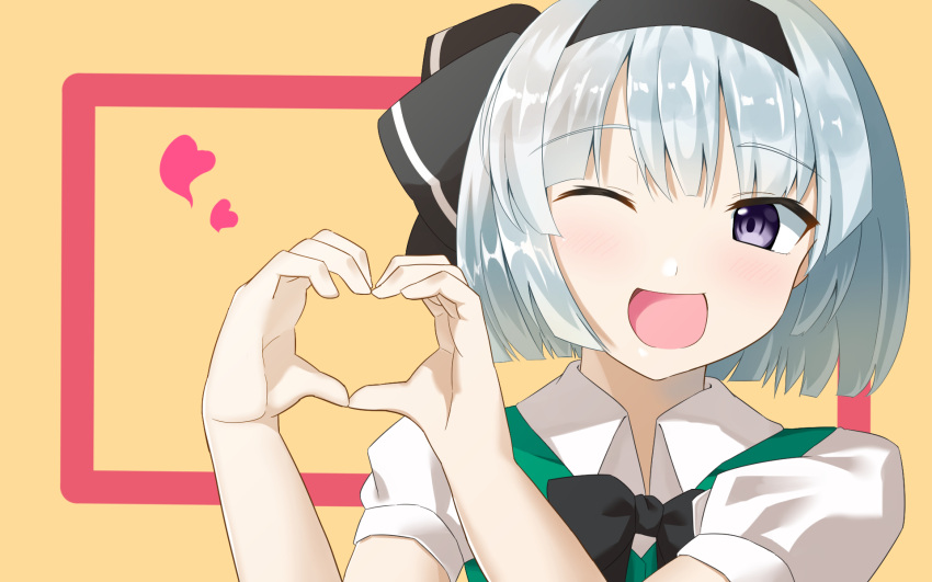 1girl ;d arms_up baasaku_(balasaku24) bangs black_neckwear blue_eyes bow bowtie commentary_request eyebrows_visible_through_hair green_vest hair_ribbon head_tilt heart heart_hands highres konpaku_youmu looking_at_viewer one_eye_closed open_mouth puffy_short_sleeves puffy_sleeves ribbon shiny shiny_hair shirt short_sleeves silver_hair simple_background smile solo touhou upper_body vest white_shirt wing_collar yellow_background