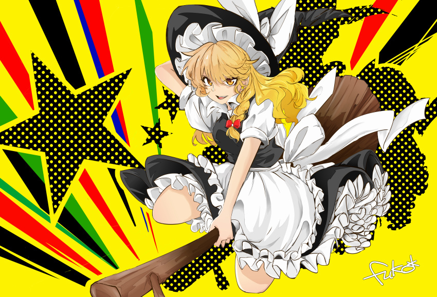 1girl :d absurdres apron arm_up artist_name bangs black_headwear black_skirt black_vest blonde_hair bow braid broom broom_riding commentary_request eyebrows_visible_through_hair frilled_apron frills fuko_(fukkofuko) hair_between_eyes hair_bow hat hat_bow highres kirisame_marisa long_hair looking_at_viewer open_mouth petticoat polka_dot puffy_short_sleeves puffy_sleeves red_bow shirt short_sleeves signature silhouette single_braid skirt skirt_set smile solo star touhou vest waist_apron white_apron white_bow white_shirt witch_hat yellow_background yellow_eyes