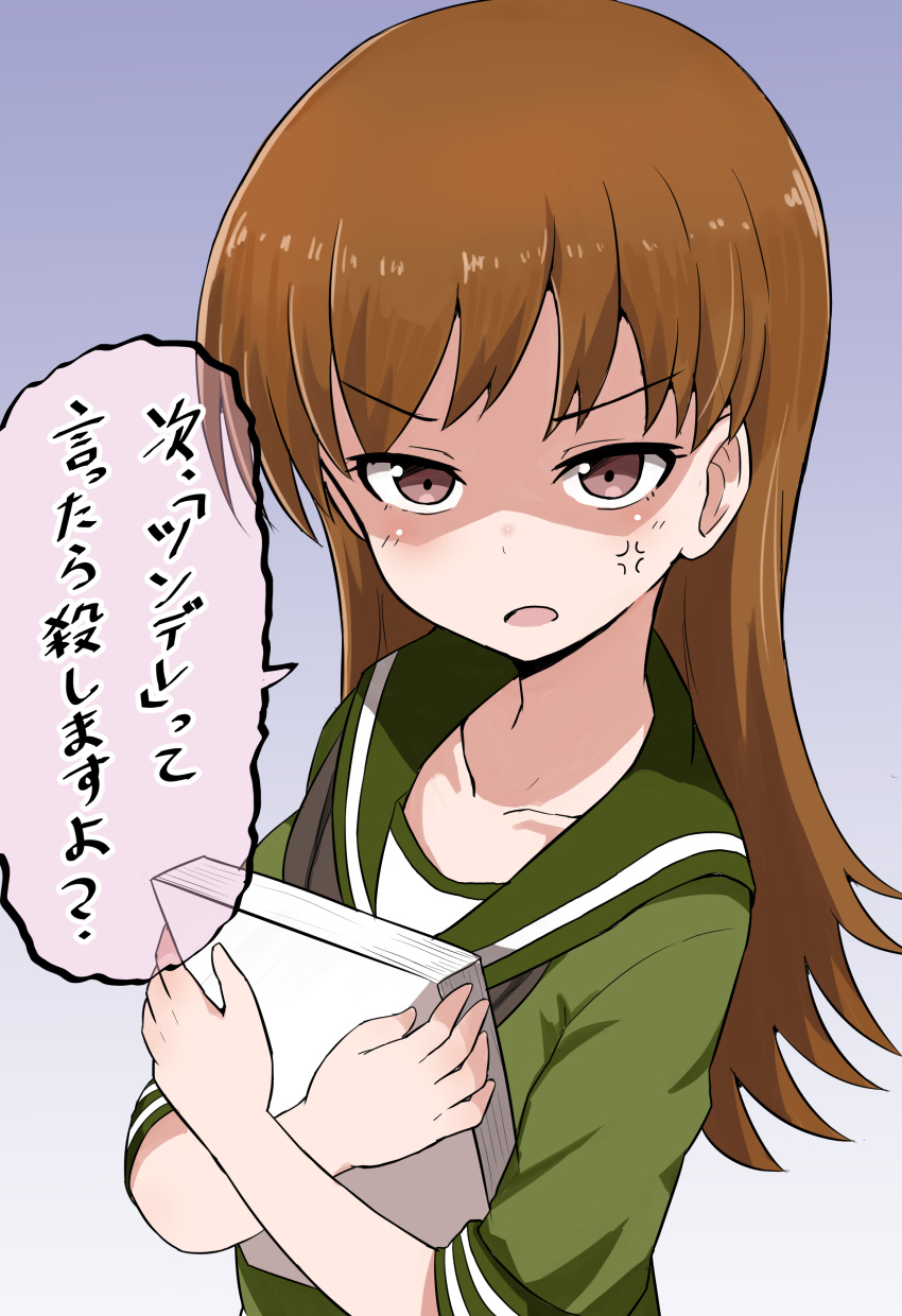 1girl absurdres anger_vein angry brown_eyes brown_hair character_request crossed_arms highres holding kantai_collection long_hair looking_at_viewer okitsugu paper school_uniform serafuku shaded_face simple_background speech_bubble translated upper_body