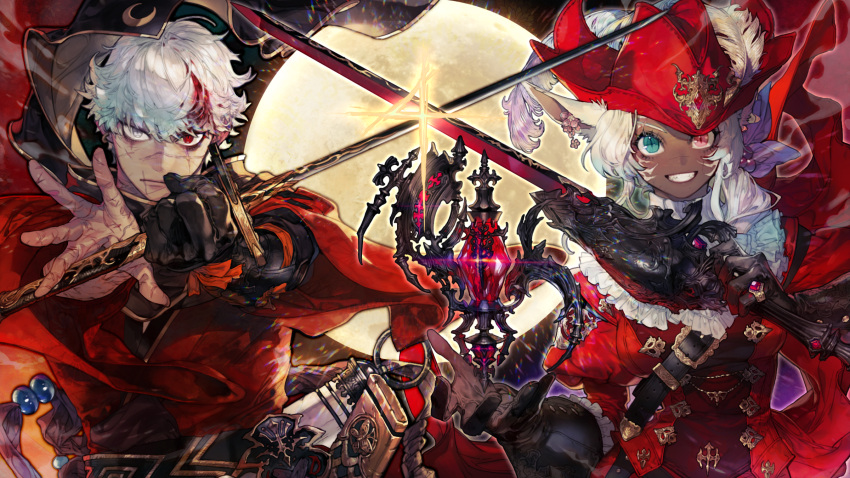 1boy 1girl animal_ears blood cat_ears dark_skin earrings facial_mark final_fantasy final_fantasy_xiv frills full_moon gloves hat heterochromia highres holding holding_sword holding_weapon hyur japanese_clothes jewelry katana long_hair looking_at_viewer miqo'te moon pigeon666 red_mage samurai_(final_fantasy) scar short_hair single_glove slit_pupils smile sword upper_body weapon whisker_markings white_hair