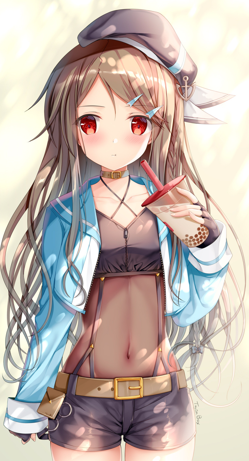 1girl :t anchor azur_lane belt belt_buckle beret black_gloves black_headwear black_shorts blue_jacket blush brown_belt brown_collar brown_hair bubble_tea buckle closed_mouth collar collarbone commentary_request covered_navel cowboy_shot criss-cross_halter crop_top cropped_jacket cup disposable_cup drinking_straw fingerless_gloves gloves hair_ornament hairclip halterneck hat highres holding holding_cup jacket kimberly_(azur_lane) long_hair long_sleeves looking_at_viewer midriff navel open_clothes open_jacket pout red_eyes short_shorts shorts signature sleeves_past_wrists solo sousouman suspenders tilted_headwear very_long_hair wavy_mouth