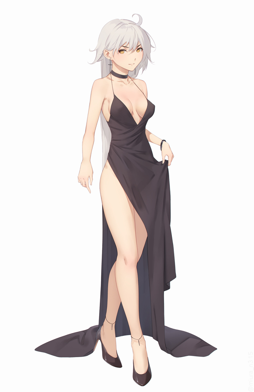 &gt;:) 1girl ahoge bangs bare_arms bare_shoulders black_choker black_dress black_footwear blush breasts brown_eyes choker closed_mouth commentary_request cross cross_earrings dress earrings eyebrows_visible_through_hair fate/grand_order fate_(series) full_body hair_between_eyes high_heels highres jeanne_d'arc_(alter)_(fate) jeanne_d'arc_(fate)_(all) jewelry long_hair medium_breasts miura-n315 shoes silver_hair simple_background sleeveless sleeveless_dress smile solo standing v-shaped_eyebrows very_long_hair white_background