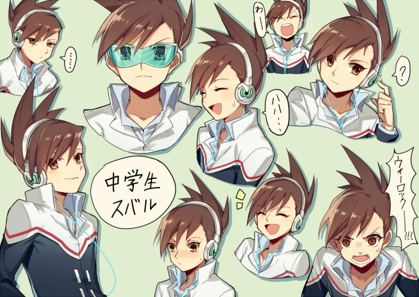 1boy angry bangs brown_eyes brown_hair capcom closed_eyes closed_mouth expressions happy headphones hoshikawa_subaru_(rockman) male_focus modela_(baka_x_orange) multiple_views older open_mouth rockman ryuusei_no_rockman simple_background smile speech_bubble spiky_hair