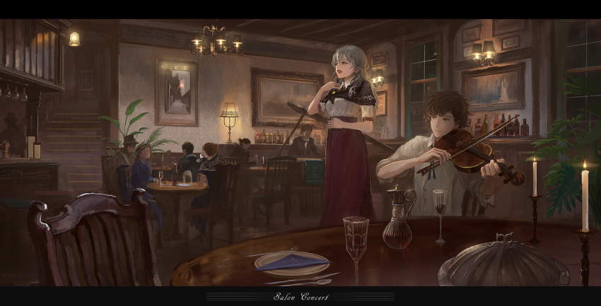 4boys 4girls alcohol bar blurry brown_hair chair commentary cup depth_of_field drinking_glass fujiya_mahiro glass hand_on_own_chest hat highres indoors instrument lamp letterboxed long_hair multiple_boys multiple_girls music night original painting_(object) piano playing_instrument scenery shawl short_hair silver_hair singing sitting skirt stairs table violin window wine wine_glass